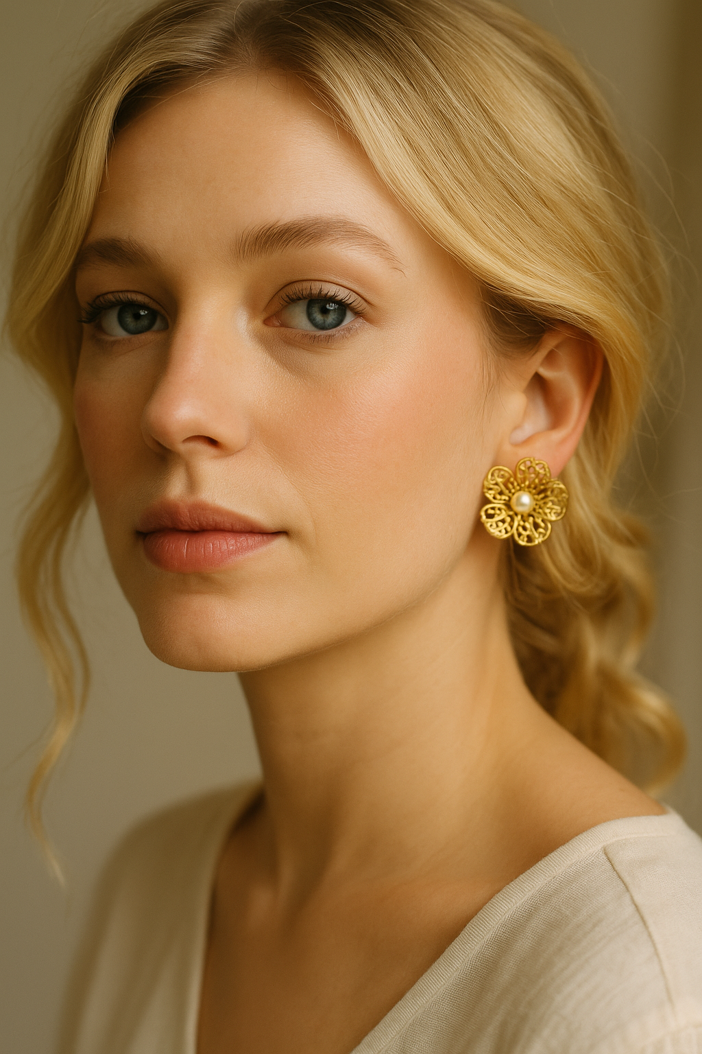 Fleur Filigranée – Boucles d’oreilles inoxydables avec perle nacrée