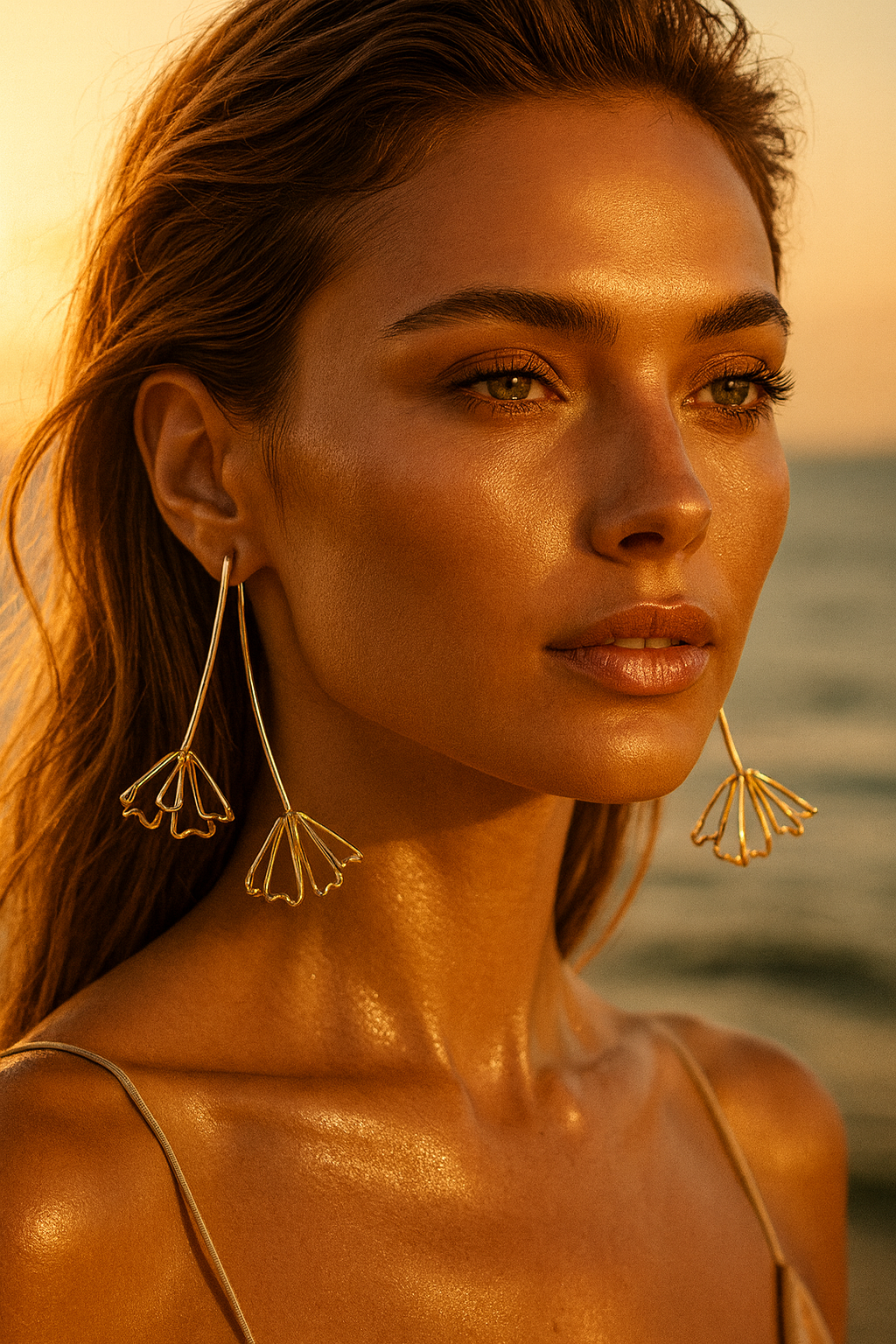 Éclats suspendus – Boucles d’oreilles Fleur 3D en acier inoxydable doré