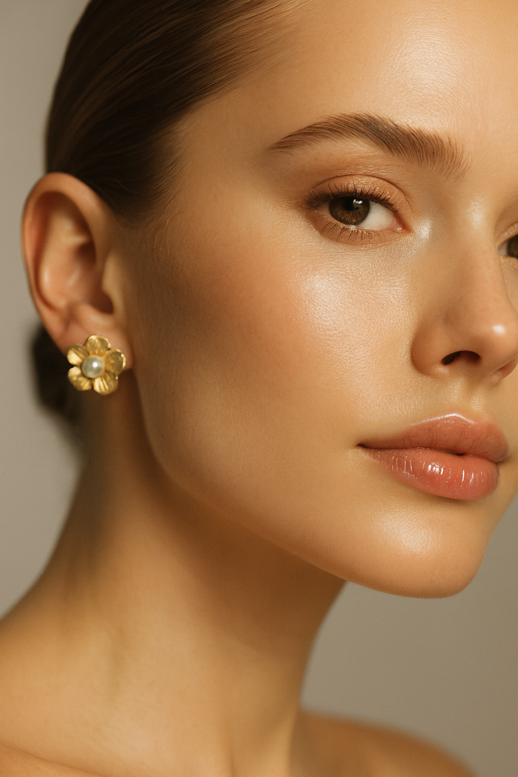 Fleur Nacrée 24 mm – Boucles d’oreilles inox doré