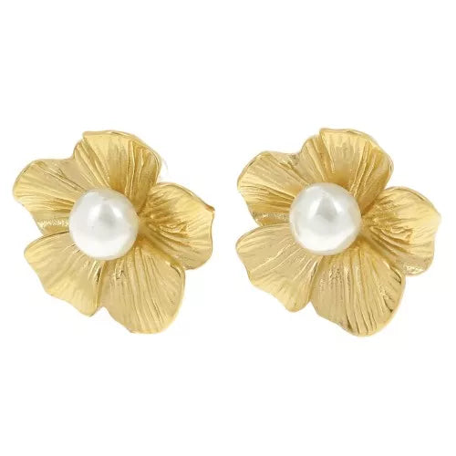 Fleur Nacrée 22 mm – Boucles d’oreilles inox doré