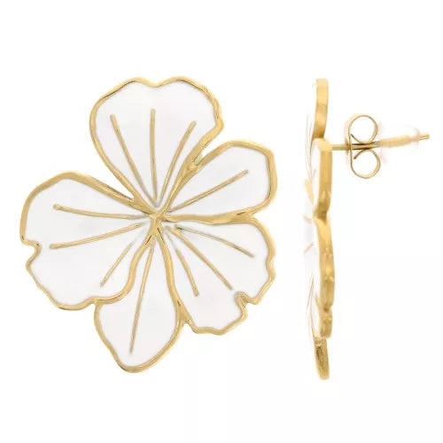 Fleur Époxy Blanche 30×26 mm – Boucles d’oreilles inox doré
