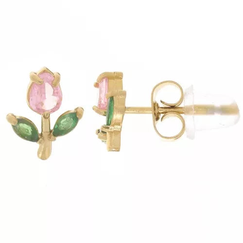 Fleur Zircos 8×7 mm – Boucles d’oreilles inox doré (rose)