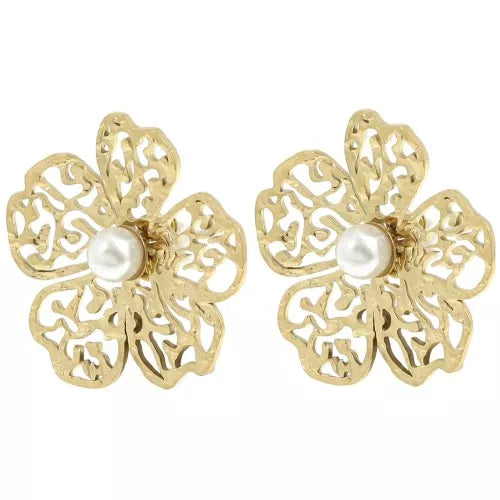 Fleur Filigranée – Boucles d’oreilles inoxydables avec perle nacrée