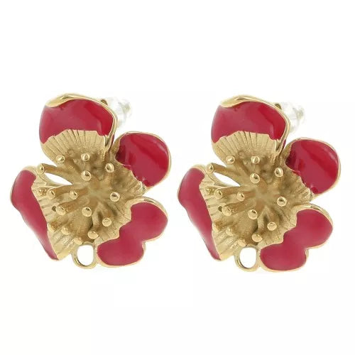 Floraison Éternelle – Clous Fleur Dorés & Résine Rouge 21 mm